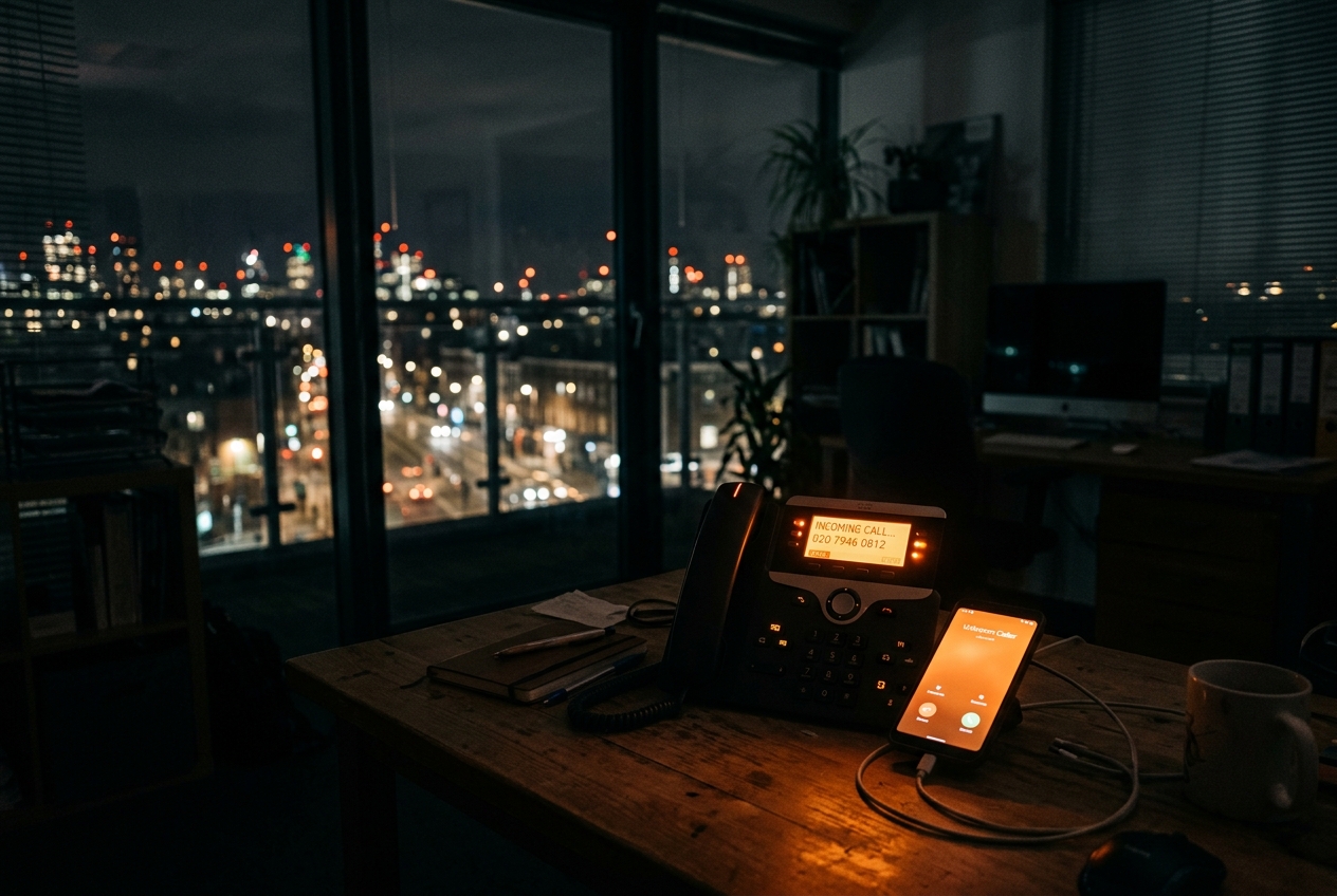 A dark office at night with the desk phone and a smartphone glowing with missed calls