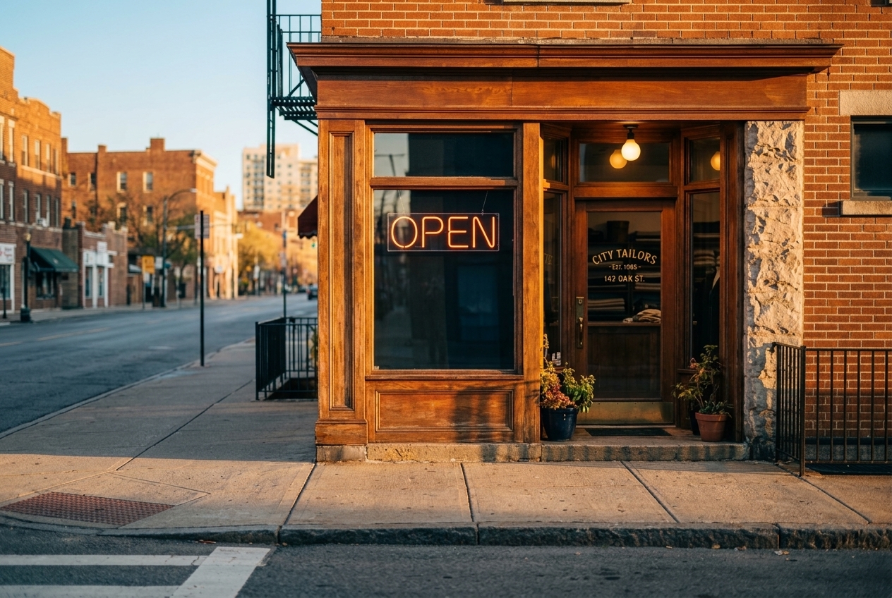 The same storefront on a bright afternoon, OPEN sign glowing in the window